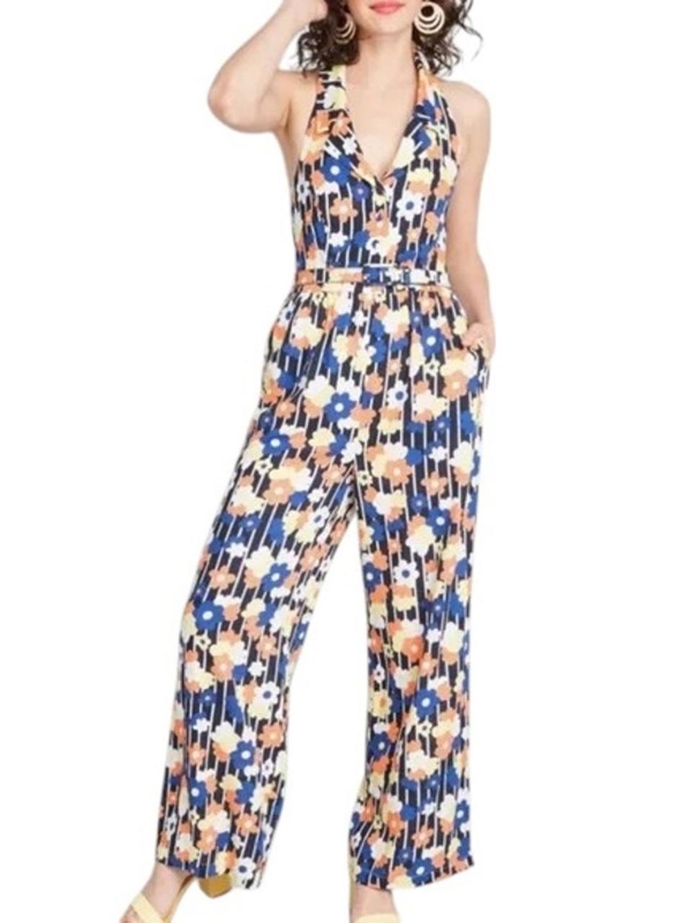 ModCloth Floral Striped Halter Wide-Leg Retro 70s Jumpsuit